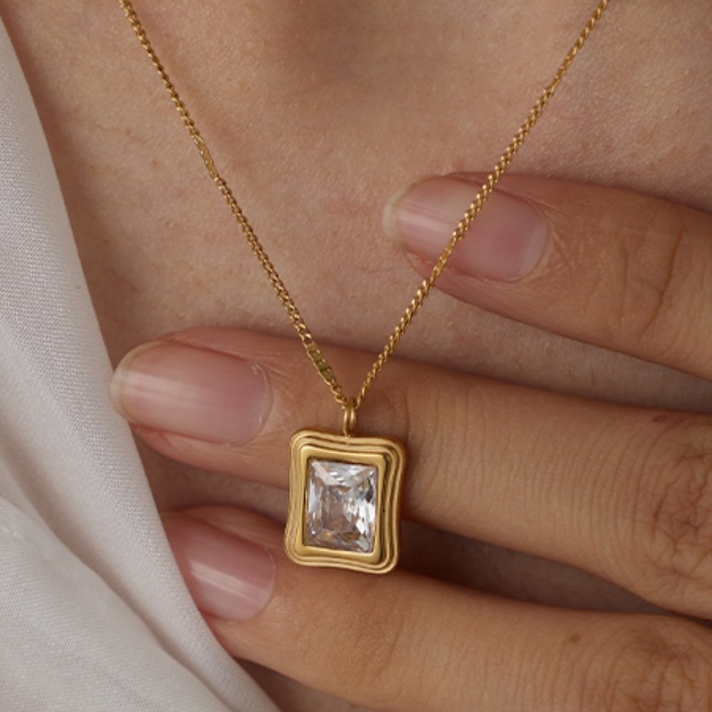 ^NEW 18K Gold Plated Emerald Cut Diamond Square Pendant Necklace